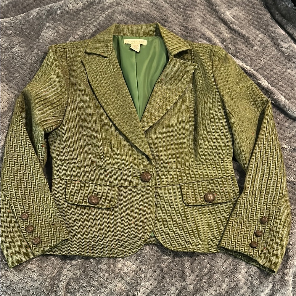 Amazing Perfect Condition Green Treed Herringbone Structured Blazer Jacket